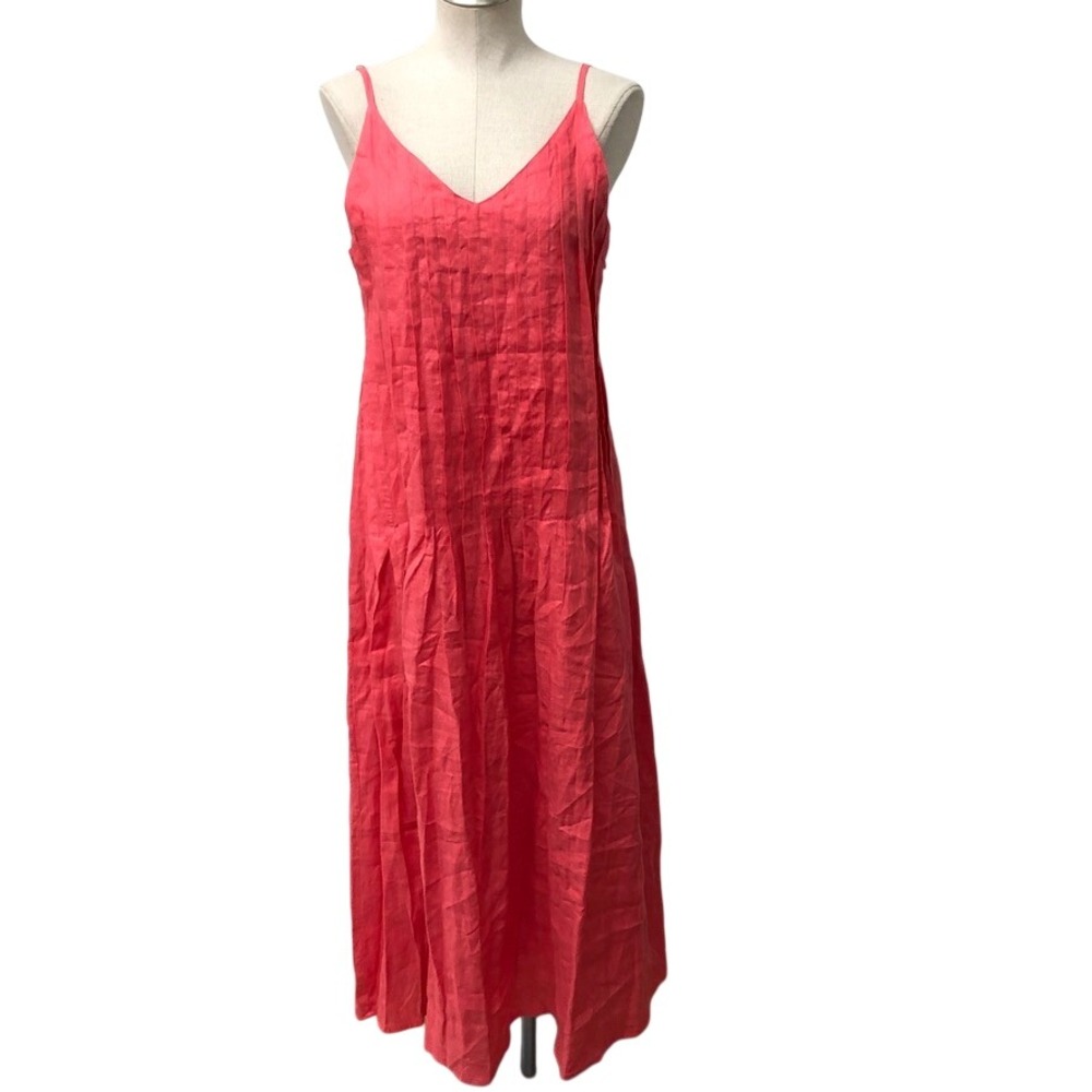 Lusana Maxi Dress Womens Small Pink Linen Pleated V-Neck Adjustable Straps Beach